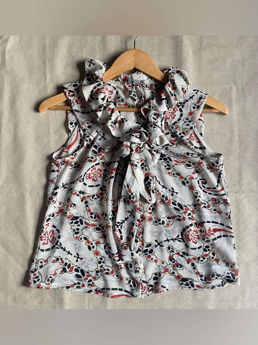 Banana Republic Petite PS Blouse Ruffle Neck Tie Front Paisley Floral Sheer